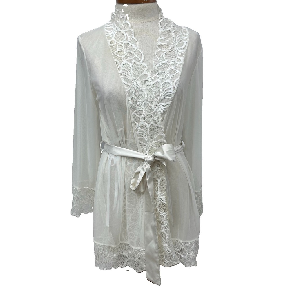 Fredericks of Hollywood Robe Sz L White Ivory Lace Sheer Bridal Loungewear